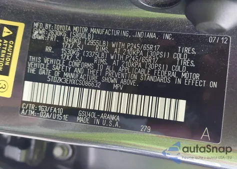 2012 Toyota Highlander Base V6 from USA, damaged, VIN 5TDZK3EHXCS086632